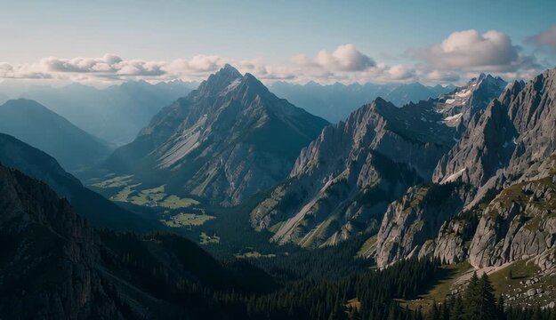 Majestic Mountain Range and Valley Under a Cloudy Sky A Scenic Landscape View