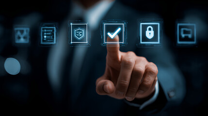 Businessman using digital interface with checklist and security icons, representing cybersecurity, data protection, secure access, and digital identity verification system.