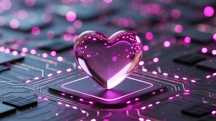 Pink Crystal Heart on Futuristic Circuit Board with Bokeh Lights image photo