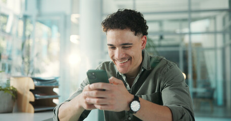 Break, social network or man with phone in office, watch funny video or reading joke message. Laugh, texting or happy employee with mobile in workplace, check comic blog or browsing internet for meme