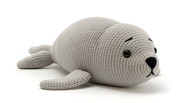Adorable gray crocheted seal illustration plush toy resting peacefully on a clean white background - Powered by Adobe