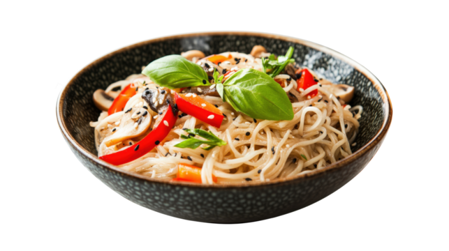 A bowl of noodles with vegetables and mushrooms