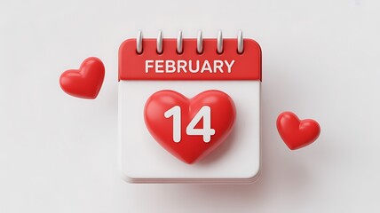 Red hearts and February 14th calendar page on white background date