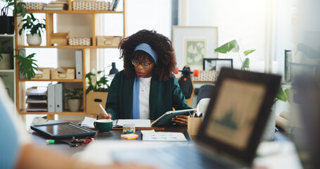 Woman, writing or notebook in office with tablet, financial analysis or eco friendly project in business. Person, coworking and notes with tech for finance results, stats info or sustainable company.