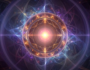 Glowing fractal design with geometric patterns, light burst center