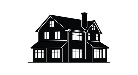 Detailed black and white illustration of a classic two story home design silhouette