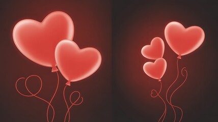 Red Heart Shaped Balloons with Glowing Edges on Dark Background hearts love