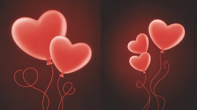 Red Heart Shaped Balloons with Glowing Edges on Dark Background hearts love