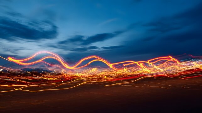 Abstract light trails glow in vibrant orange and red waves against a dark dusk sky