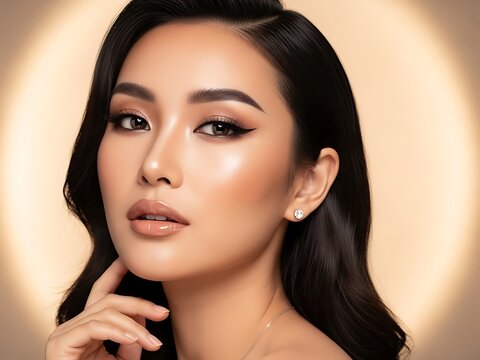Stunning close-up studio portrait of a confident woman with flawless makeup, dark wavy hair, and a sophisticated pearl earring