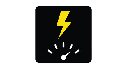 A bright yellow lightning bolt symbol over a black background with a gauge silhouette