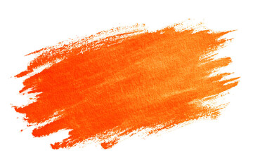Vibrant orange watercolor paint stroke with textured brush marks and white edges isolated on transparent background