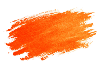 Vibrant orange watercolor paint stroke with textured brush marks and white edges isolated on transparent background