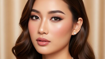 Stunning close-up studio portrait of a confident woman with flawless makeup, dark wavy hair, and a sophisticated pearl earring