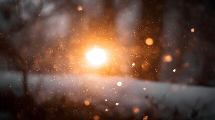Naklejka premium Warm glowing light filters through falling snow during a magical winter evening