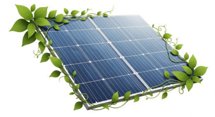Green energy concept with solar panel surrounded by natural plants and vines. isolated PNG with Transparent Background