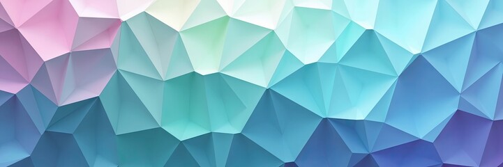 A captivating abstract geometric design is presented with a gradient of vibrant cool colors, showcasing triangular shapes in a low poly style.