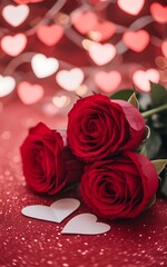 Three Red Roses with Heart Bokeh Lights and Glitter on Red Background love romance