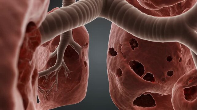 Close-up 3D animation of diseased human lungs with cavities and inflammation showing the damage caused by tuberculosis or other lung diseases.