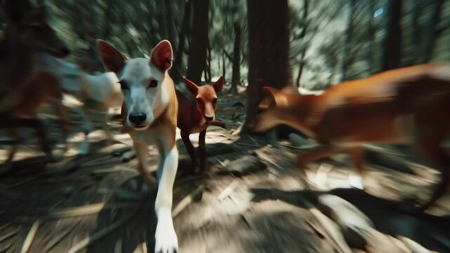 An exciting wide-angle capture shows a determined wild dog and various deer charging through a sun-dappled forest, emphasizing the powerful energy of wildlife on the move