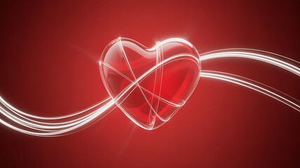 Transparent red heart with white light streaks on a red background love glass