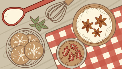 Delicious baking scene with cookies spices and kitchenware for recipe and food blog illustration