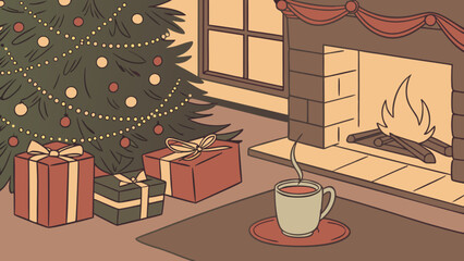 Cozy christmas scene with tree gifts fireplace and hot drink holiday season home illustration vector art