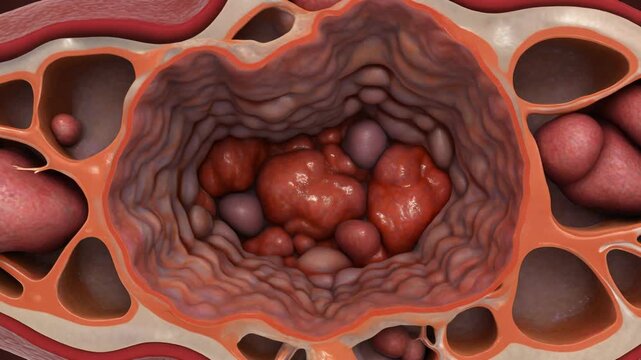 Detailed 3D animation of a blood vessel cross-section showing red blood cells flowing through capillaries and venules in a complex vascular network