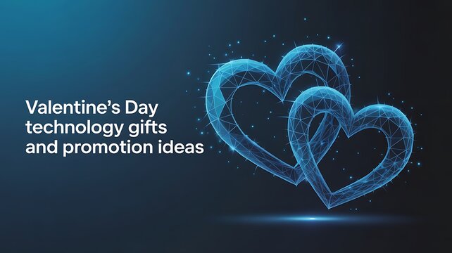 Two glowing blue polygonal hearts with digital network lines and sparkles on dark blue background - Powered by Adobe