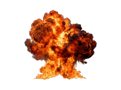 A fiery explosion with billowing smoke and intense flames, showcasing a dramatic burst of energy and destruction.