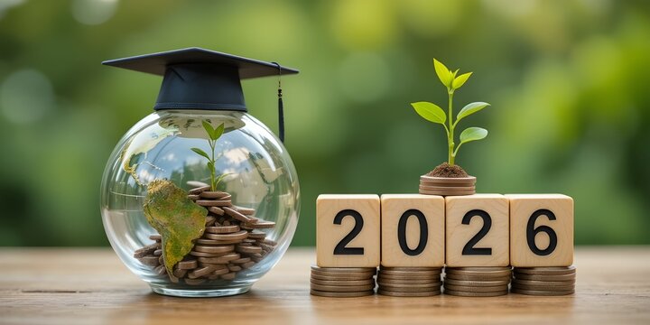 A glass globe topped with a graduation cap, a wooden block showing the number 2026, and a plant sprouting from a pile of coins. This represents the idea of saving money for education