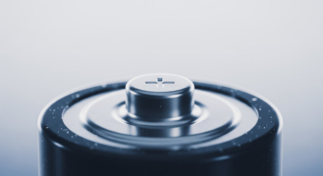 A close-up view of a battery, emphasizing its metallic form, with a sense of energy and power. The shot underscores the battery's design and technological significance.