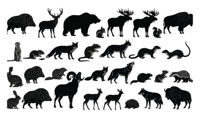 Fototapeta premium Extensive wild animal silhouettes collection on white, diverse mammals vector