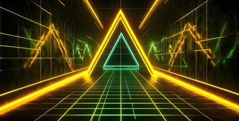 Futuristic neon glowing triangular tunnel with a grid floor and vibrant yellow and green lights creating a sense of movement and depth