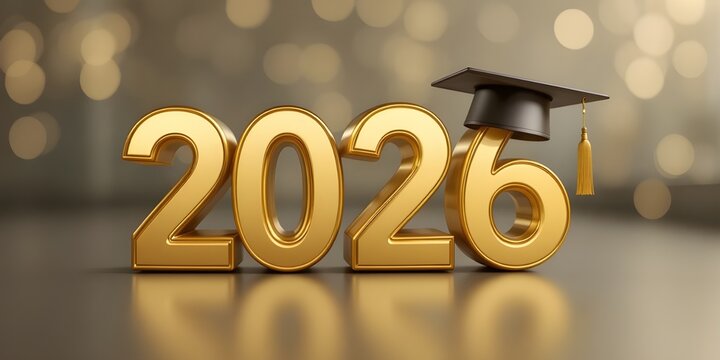 Shiny golden 3D numbers making up 2026, with a graduation cap on the second digit, representing academic success, graduation, future achievements, and new educational goals.

