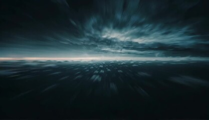 Dynamic motion blur creates a powerful sense of speed as dark, turbulent storm clouds sweep across a vast, blurred landscape under a dramatic and mysterious sky, evoking urgency