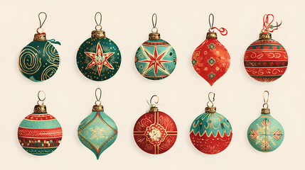 Christmas balls printed and pattern clipart set. Green and red xmas ball decoration elements clip art with spiral, curve, snowflakes and star graphic design collection for holiday season vector Stock 