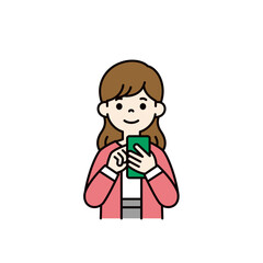 笑顔でスマートフォンを操作する、20代・30代の女性の上半身ベクターイラスト素材＿カラー