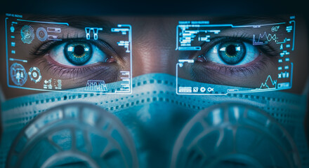 A close-up view of an advanced futuristic interface, overlaid on a medical professional's eyes, conveying a sense of innovation and cutting-edge technology.