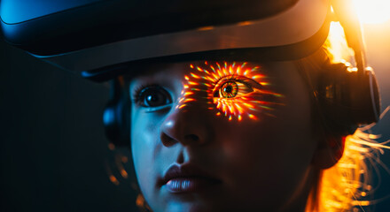 A young person is immersed in a virtual reality experience, the immersive headset projecting light patterns onto their face, symbolizing digital innovation and a futuristic approach to technology.