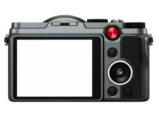 Digital camera rear view with screen display isolated on transparent background