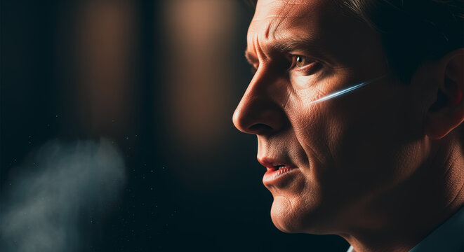 A captivating close-up portrait of a thoughtful man, his gaze intense as he looks forward with determination. A side profile of a man exudes confidence and poise. - Powered by Adobe