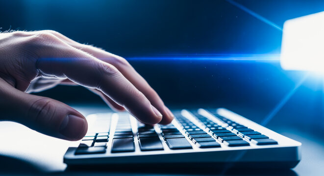 A close-up shot of a hand typing on a keyboard, illuminated by a brilliant display screen in a modern workspace.