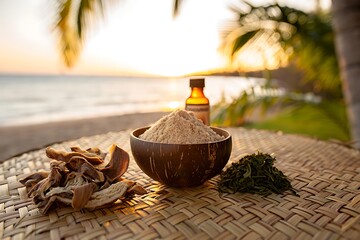 Natural spa ingredients on a tropical beach at sunset