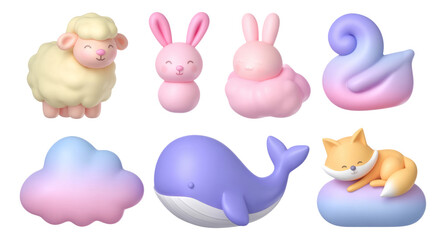 Obraz premium Soft Pastel 3D Sculpted Creatures with Isolated Transparent Background
