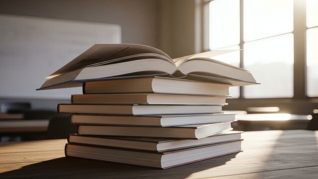 Stack Of Books With Open Book Against Sunlight Window Background