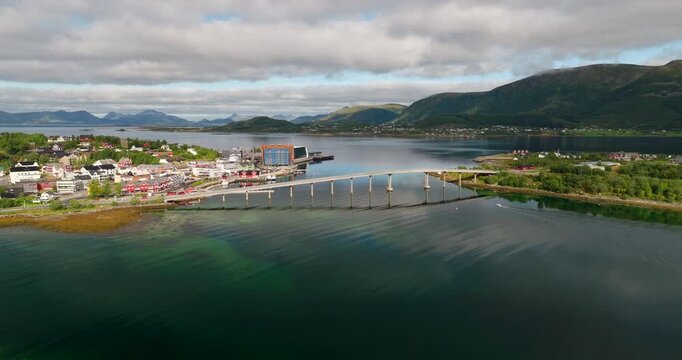 Dramatic Drone Shot Hadsel Bridge And Stokmarknes With Fjords, Mountains and Coastal Landscapes in Norway