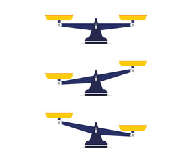 An illustration of three classic balance beam scales demonstrating neutral equilibrium, weight bias left, and weight bias right.