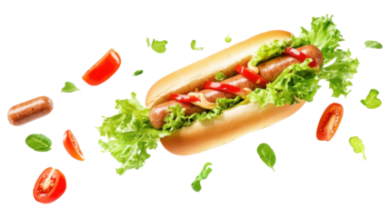 A hot dog with a bun and a variety of vegetables