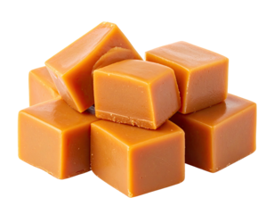 Pile of glossy, tan, squared caramel candies